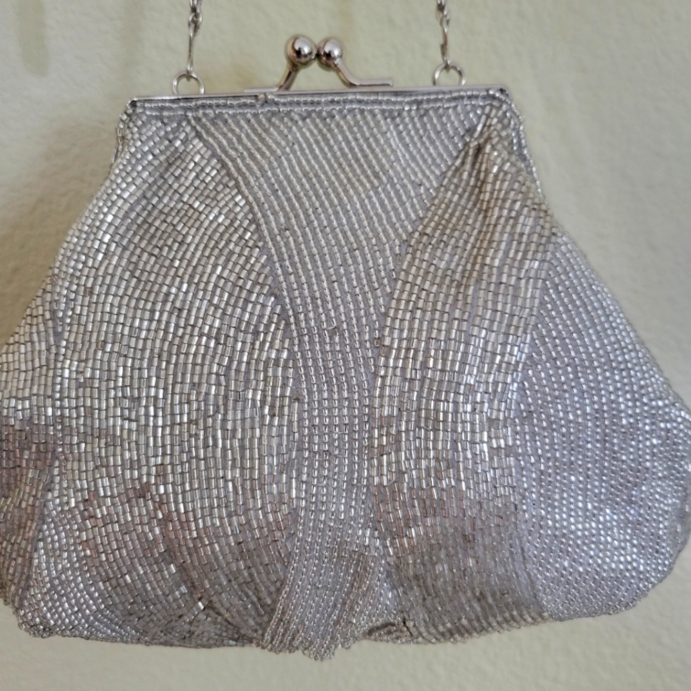 Elegant Silver Evening Clutch,Glass Silver Color Beads,long Chain Strap